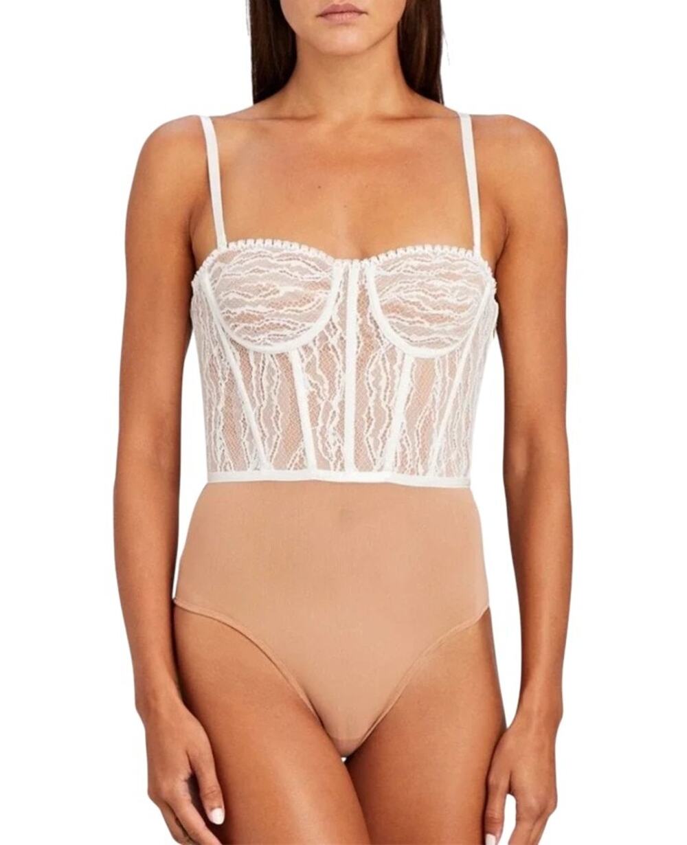 Jonathan Simkhai White Lace Tan Mesh Bustier Bodysuit